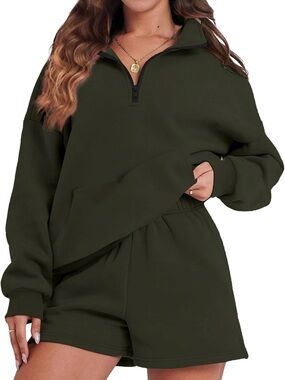 FKEEP Women's 2 Piece Outfit Half Zip Sweatshirt Shorts with Pockets Lounge Set